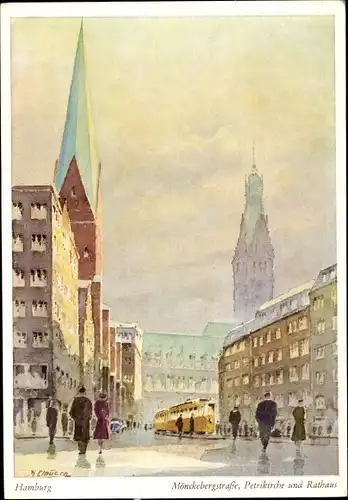 Künstler Ak Clausen, J., Hamburg, Mönckebergstraße, Petrikirche und Rathaus