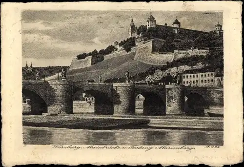 Künstler Ak Würzburg am Main Unterfranken, Mainbrücke, Festung Marienberg