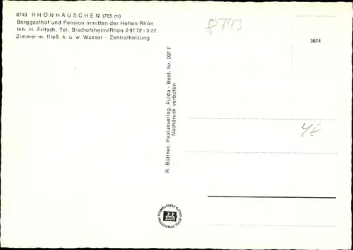 Ak Bischofsheim an der Rhön in Unterfranken, Berggasthof und Pension Rhönhäuschen, Gastraum