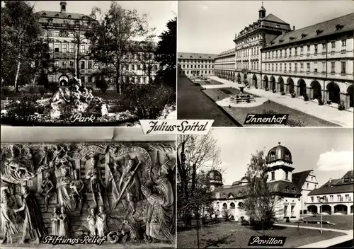 Ak Würzburg am Main Unterfranken, Julius-Spital, Park, Innenhof, Stiftungsrelief, Pavillon