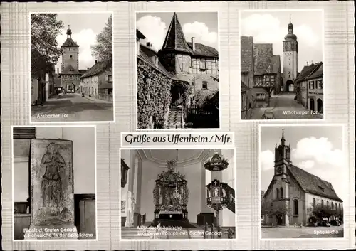 Ak Uffenheim in Mittelfranken, Ansbacher Tor, Würzburger Tor, Spitalkirche, Altar, Bildnis Relief