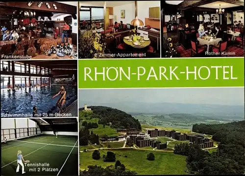 Ak Roth Hausen in der Rhön, Park Hotel, Frankenstube, Rother Kamin, Zimmer, Tennishalle, Panorama