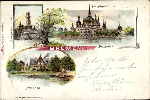 Litho Hansestadt Bremen, Meierei, Hauptgebäude, Bürgerpark, Aussichtsturm