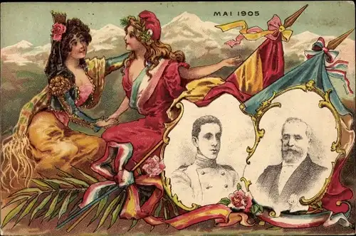 Passepartout Ak König Alfons XIII. von Spanien, Émile Loubet, Staatstreffen Mai 1905