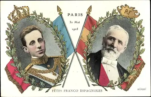 Ak Paris, Émile Loubet, König Alfons XIII. von Spanien, Fêtes Franco Espagnoles, 30.5.1905