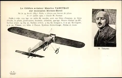 Ak Le Celebre aviateur Maurice Tabuteau sur monoplan Morane Borel, Flugpionier, Flugzeug