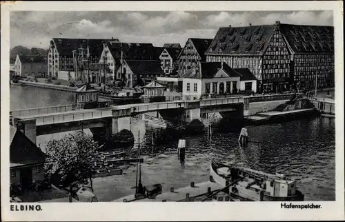 Ak Elbląg Elbing Westpreußen, Hafenspeicher, Brücke