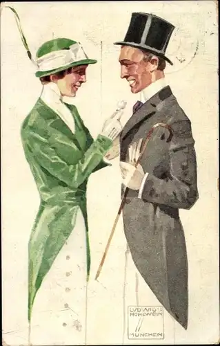 Künstler Ak Hohlwein, Ludwig, Mann im Frack mit Zylinder, Frau in grüner Jacke, Bayrischer Blumentag
