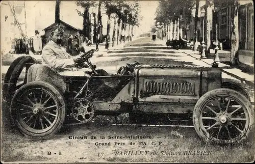 Ak Circuit de la Seine Inferieure 1905, Grand Prix de l'ACF, Barillet sur voiture Brasier
