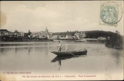 Ak Cunault Maine et Loire, vue d'ensemble, Boot auf der Loire