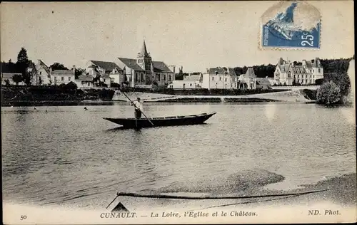 Ak Cunault Maine et Loire, la Loire, l'Église, le Château, Boot auf der Loire