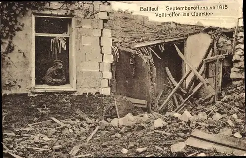 Ak Bailleul Pas de Calais, Septemberoffensive 1915, Volltrefer ins Quartier, Kriegszerstörungen