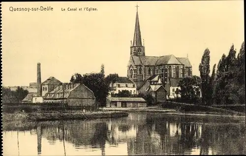 Ak Quesnoy sur Deule Nord, Le Canal et l'Eglise, Kirche