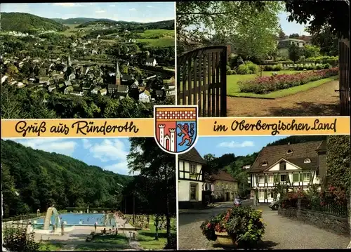 Ak Ründeroth Engelskirchen im Oberbergischen Kreis, Ortsansicht, Freibad, Ortspartie, Park, Wappen