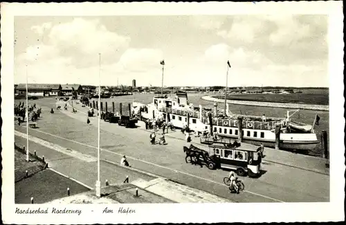 Ak Norderney in Ostfriesland, Hafen, Pferdebus, Dampfer