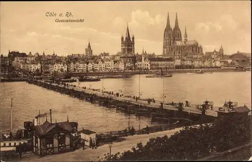Ak Köln am Rhein, Gesamtansicht, Dom, Schiffbrücke