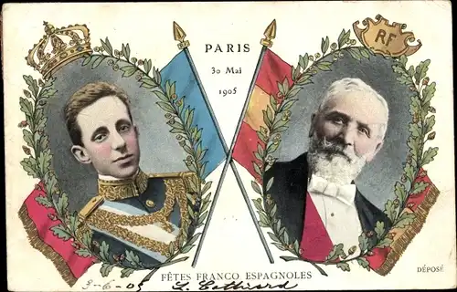 Ak Paris, Émile Loubet, König Alfons XIII. von Spanien, Fêtes Franco Espagnoles, 30.5.1905