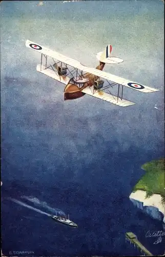 Künstler Ak Clarkson, Britisches Militärflugzeug, Doppeldecker, Twin enginet Bat boat