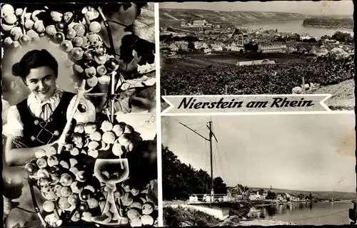 Ak Nierstein am Rhein, Gesamtansicht, Winzerin, Wein, trachten