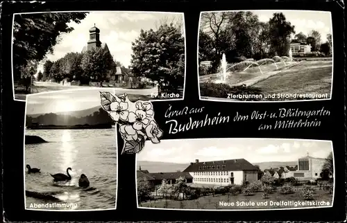 Ak Budenheim am Rhein, Obst- und Blütengarten, Ev. Kirche, Zierbrunnen, Strandrestaurant, Schule