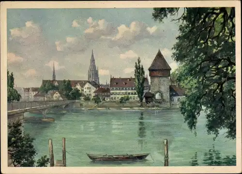 Künstler Ak Kellermann, K., Konstanz am Bodensee, Altstadt, Rheinausfluss