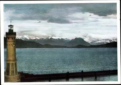 Ak Lindau am Bodensee Schwaben, Leuchtturm, Vorarlberger Alpen