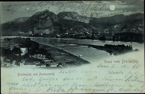 Mondschein Ak Königswinter am Rhein, Panorama mit Drachenfels, Nonnenwerth