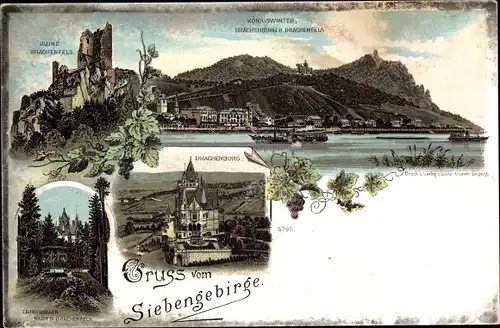 Litho Königswinter am Rhein, Ruine Drachenfels, Drachenburg, Zahnradbahn, Siebengebirge