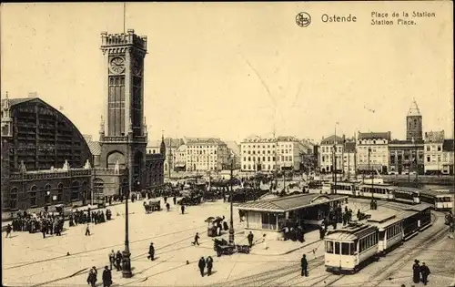 Ak Ostende Westflandern, De Statieplaats, Bahnhof Straßenseite, Straßenbahn