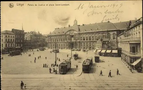 Ak Liège Lüttich Wallonien, Palais de Justice, Place Saint Lambert, tramways