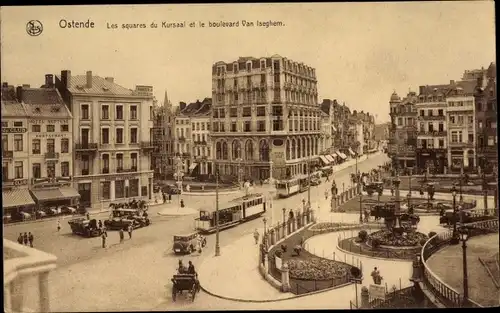 Ak Oostende Ostende Westflandern, Les squares du Kursaal, Boulevard van Iseghem, tramway