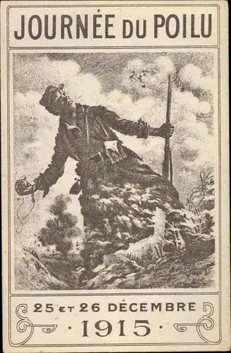 Ak Journée du Poilu, 25 et 26 Décembre 1915, Soldat wirft Handgranate