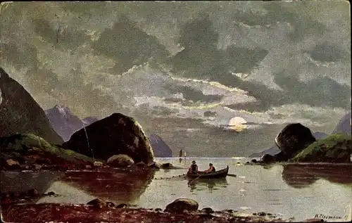 Künstler Ak Lippmann, Landschaft, Fischerboot auf dem Wasser, Mondschein