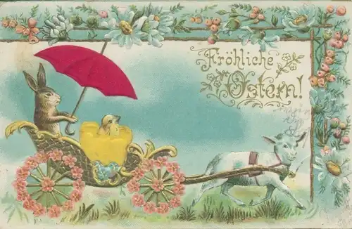 Stoff Präge Litho Glückwunsch Ostern, Lamm zieht Kutsche mit Osterhase und Küken, Schirm, Blumen