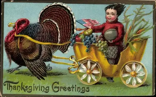 Ak Thanksgiving, Truthahn zieht Erntewagen