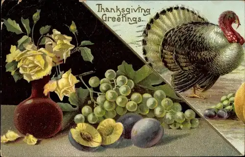 Ak Thanksgiving, Truthahn, Stillleben mit Früchten, Rosen