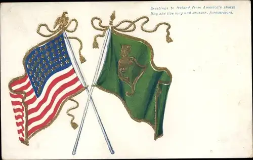 Präge Ak Greetings to Ireland from America's shore, Flagge der USA, Irland