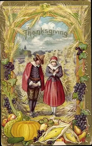 Passepartout Ak Thanksgiving, Pilgrim Fathers, Ernte, Früchte