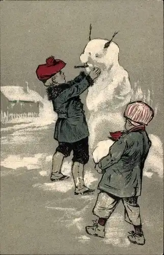 Künstler Ak Kinder bauen einen Schneemann