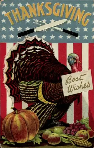 Ak Thanksgiving, Truthahn, Kürbis, Früchte