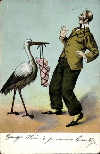 Ak Storch mit Baby, überraschter Vater