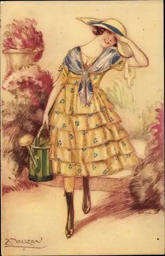 Künstler Ak Mauzan, Frau im gelben Kleid, Gießkanne