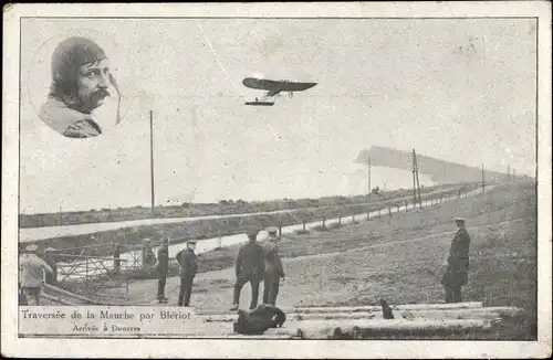 Ak Douvres Calvados, Traversee de la Manche par Bleriot, Arrivee, Pilot, Flugzeug