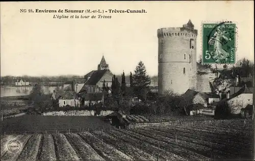 Ak Trèves-Cunault Maine et Loire, l'Église et la tour de Trèves