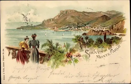 Litho Monte Carlo Monaco, Blick auf den Ort, Berge, Frauen auf der Terrasse