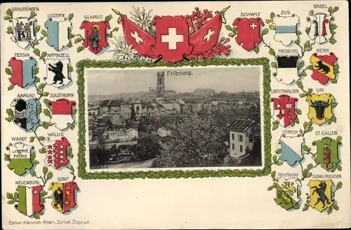 Präge Wappen Ak Fribourg Freiburg Stadt Schweiz, Gesamtansicht
