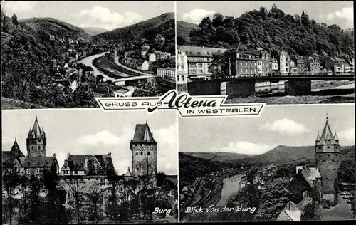 Ak Altena im Märkischen Kreis, Blick auf den Ort mit Burg, Wald, Berge