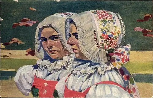 Künstler Ak Uprska, J., Frauen in tschechischer Tracht, Kopftücher, Mlade zeny z Petrova