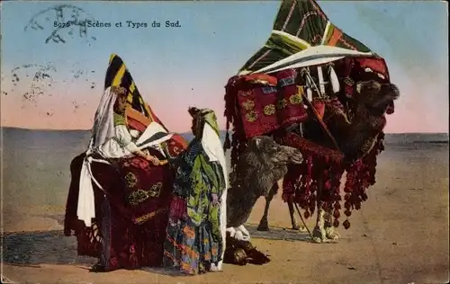 Ak Scenes et Type du Sud, Frauen in Tracht, Kamele, Handel, Stoff
