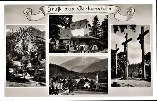 Ak Birkenstein Fischbachau in Oberbayern, Kirche, Kalvarienberg, Marienfigur, Ortsansicht